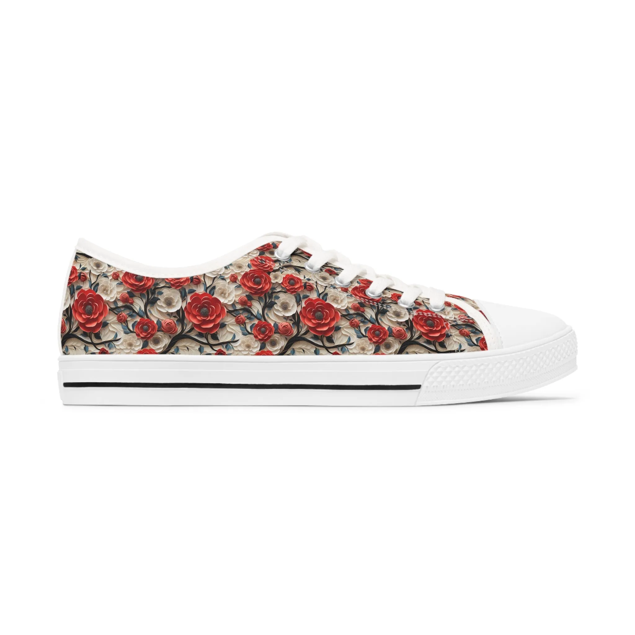 3D Rose Trellis Ladies' Low Top Sneakers - Walk Through a Garden of Elegance – Where Roses Bloom at Your Feet!