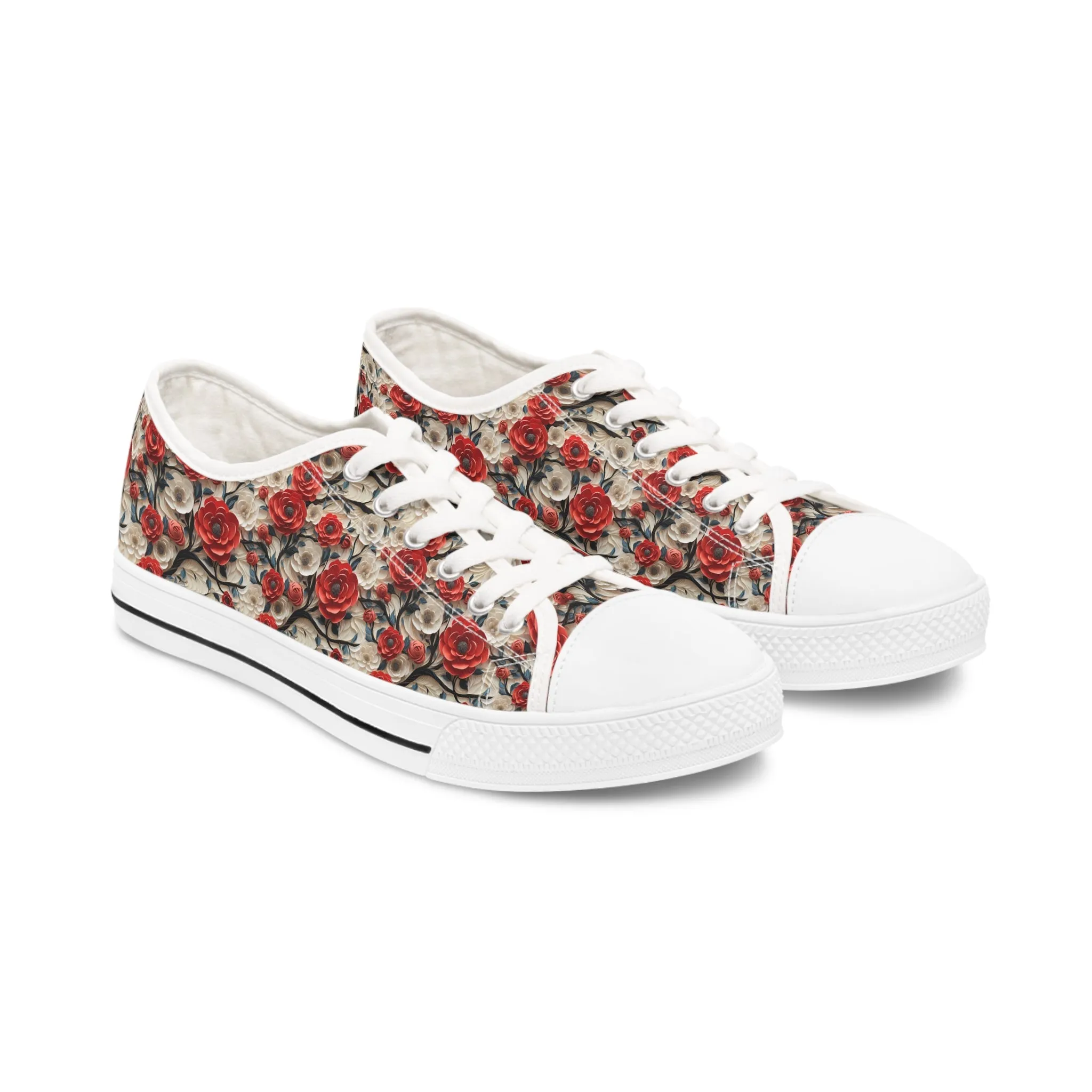 3D Rose Trellis Ladies' Low Top Sneakers - Walk Through a Garden of Elegance – Where Roses Bloom at Your Feet!