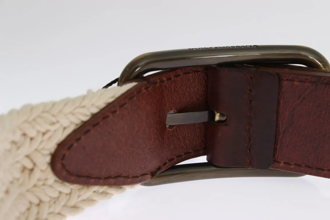 Beige Brown Leather Cotton Woven Belt