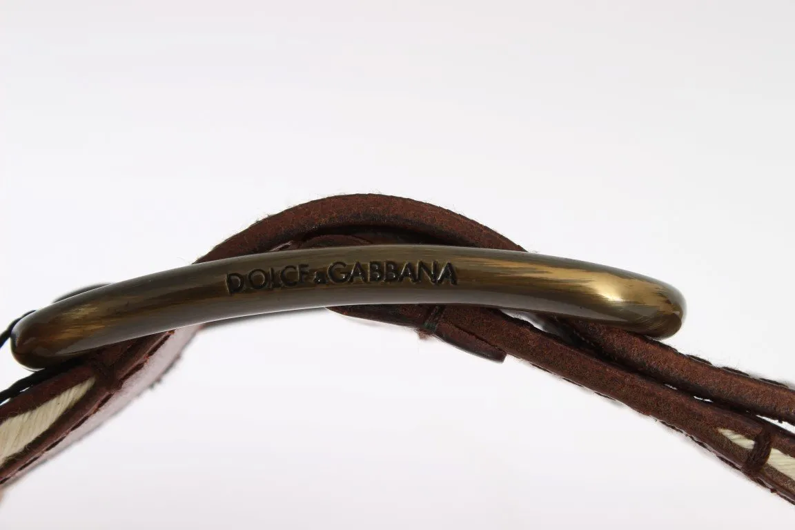 Beige Brown Leather Cotton Woven Belt