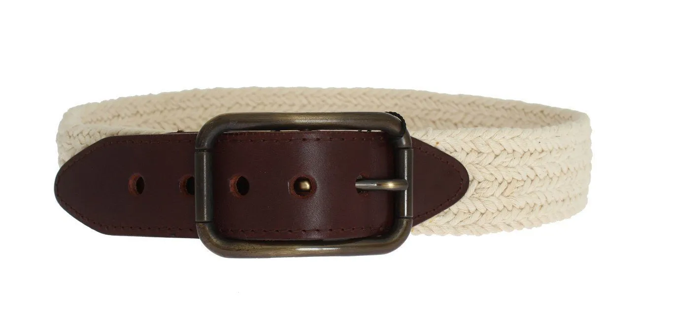 Beige Brown Leather Cotton Woven Belt
