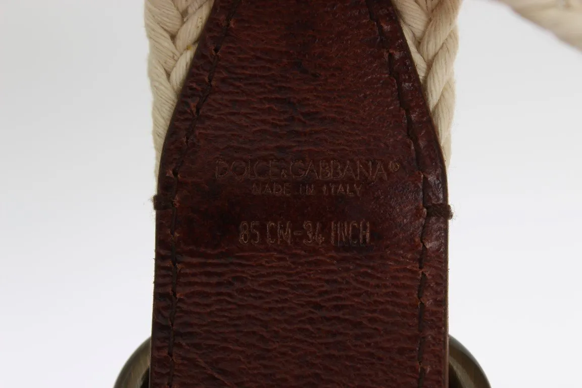 Beige Brown Leather Cotton Woven Belt