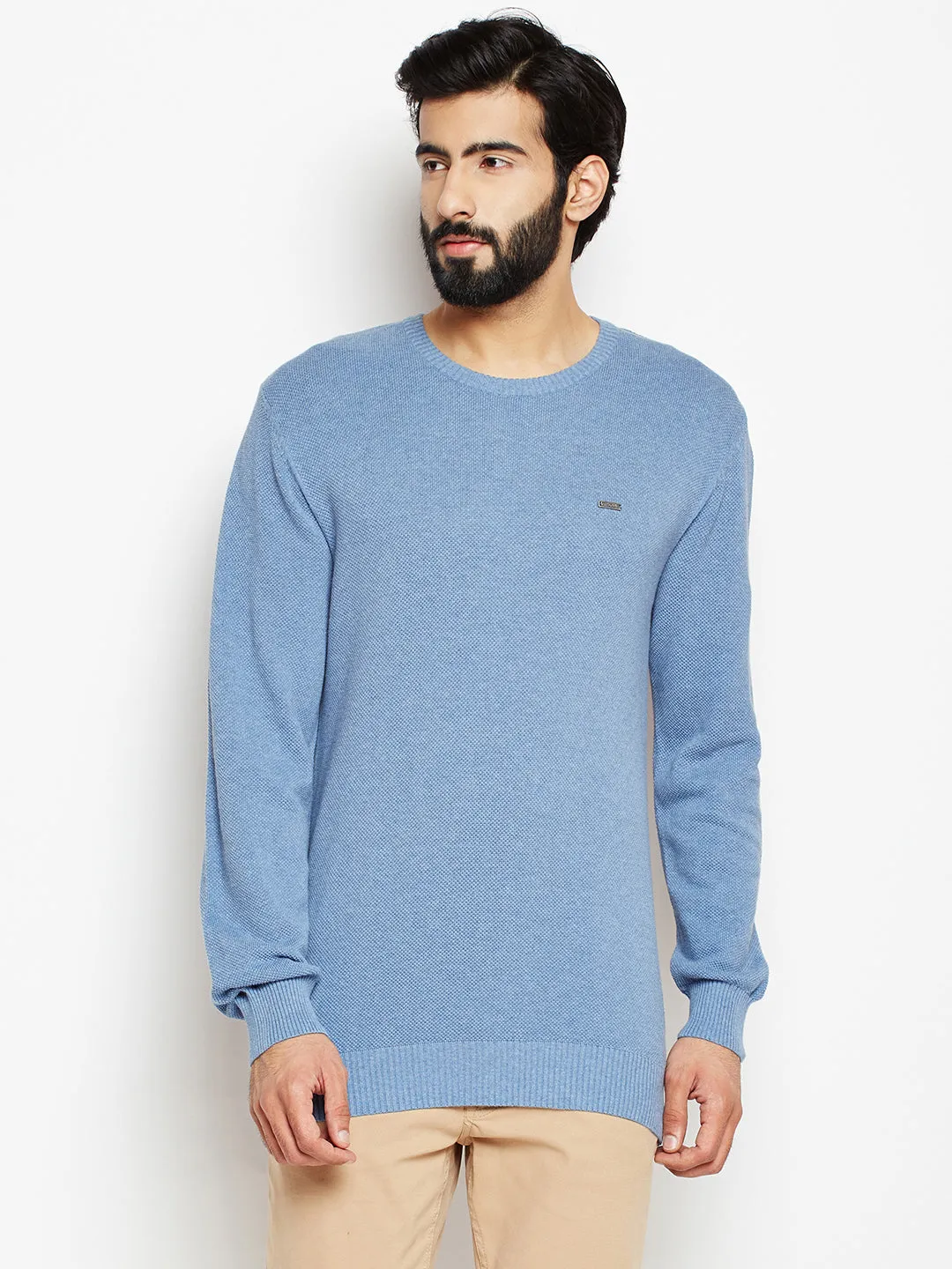 Blue Solid Round Neck Sweater