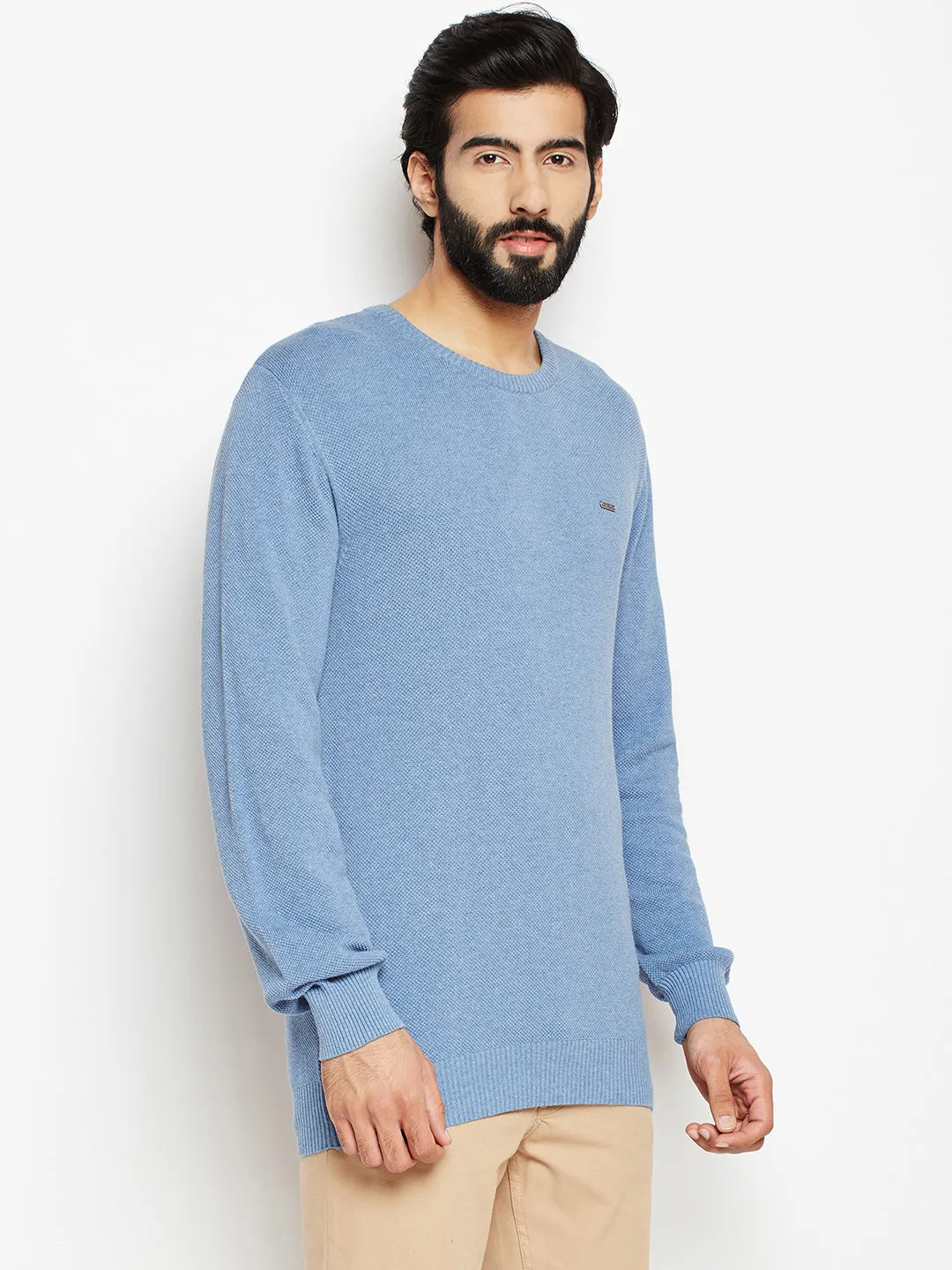 Blue Solid Round Neck Sweater
