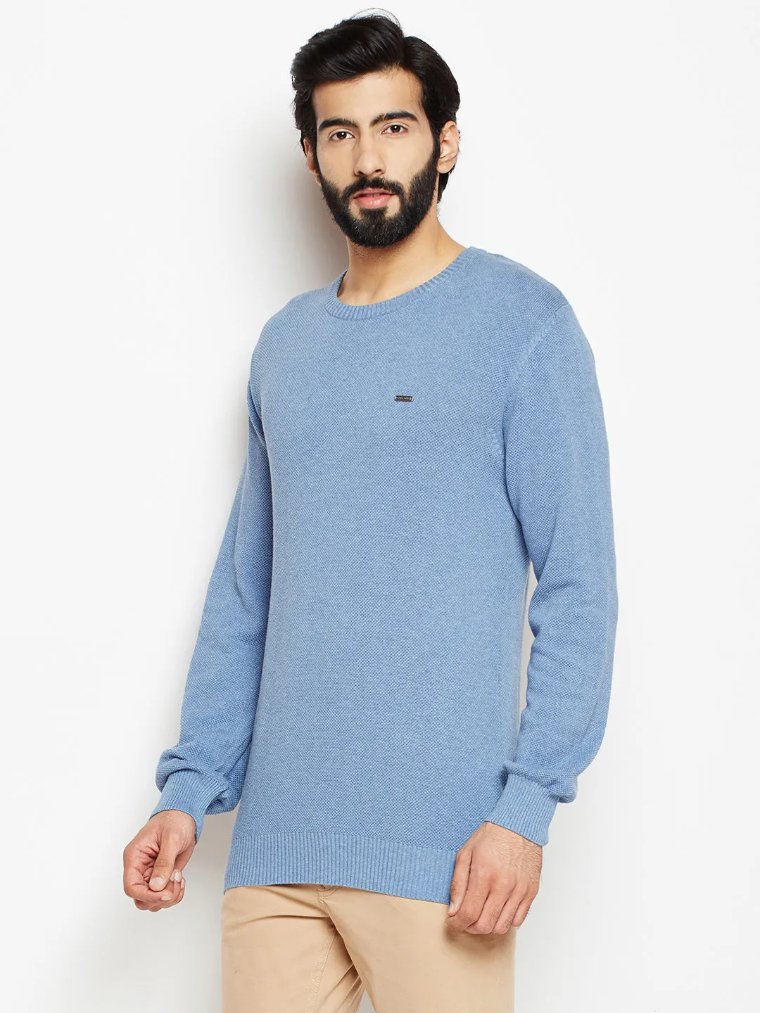 Blue Solid Round Neck Sweater