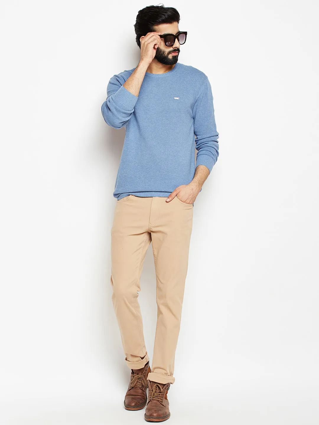 Blue Solid Round Neck Sweater