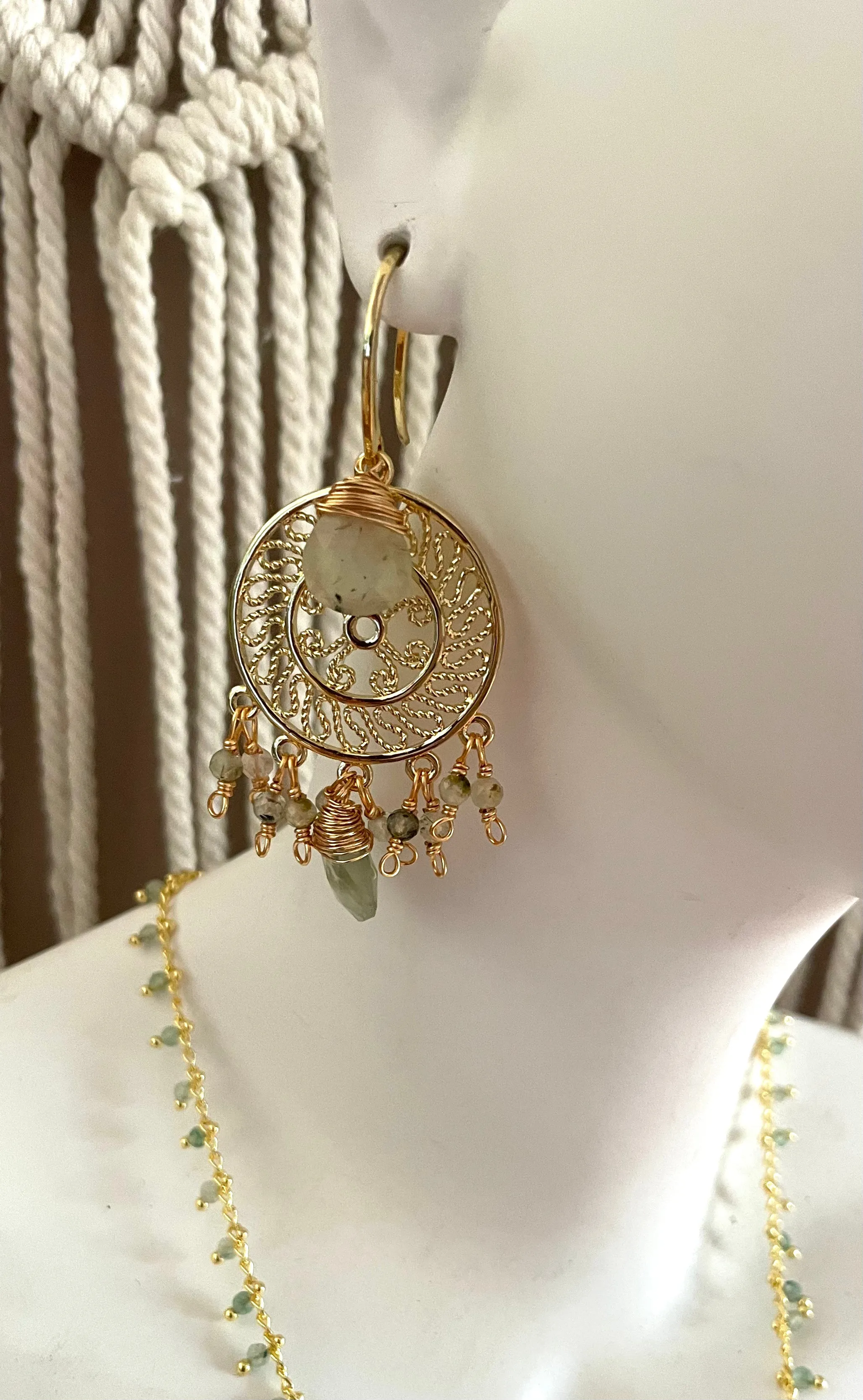 Boho & Mala Pink Natural Stone Dreamcatcher Gold Plated Drop Earrings