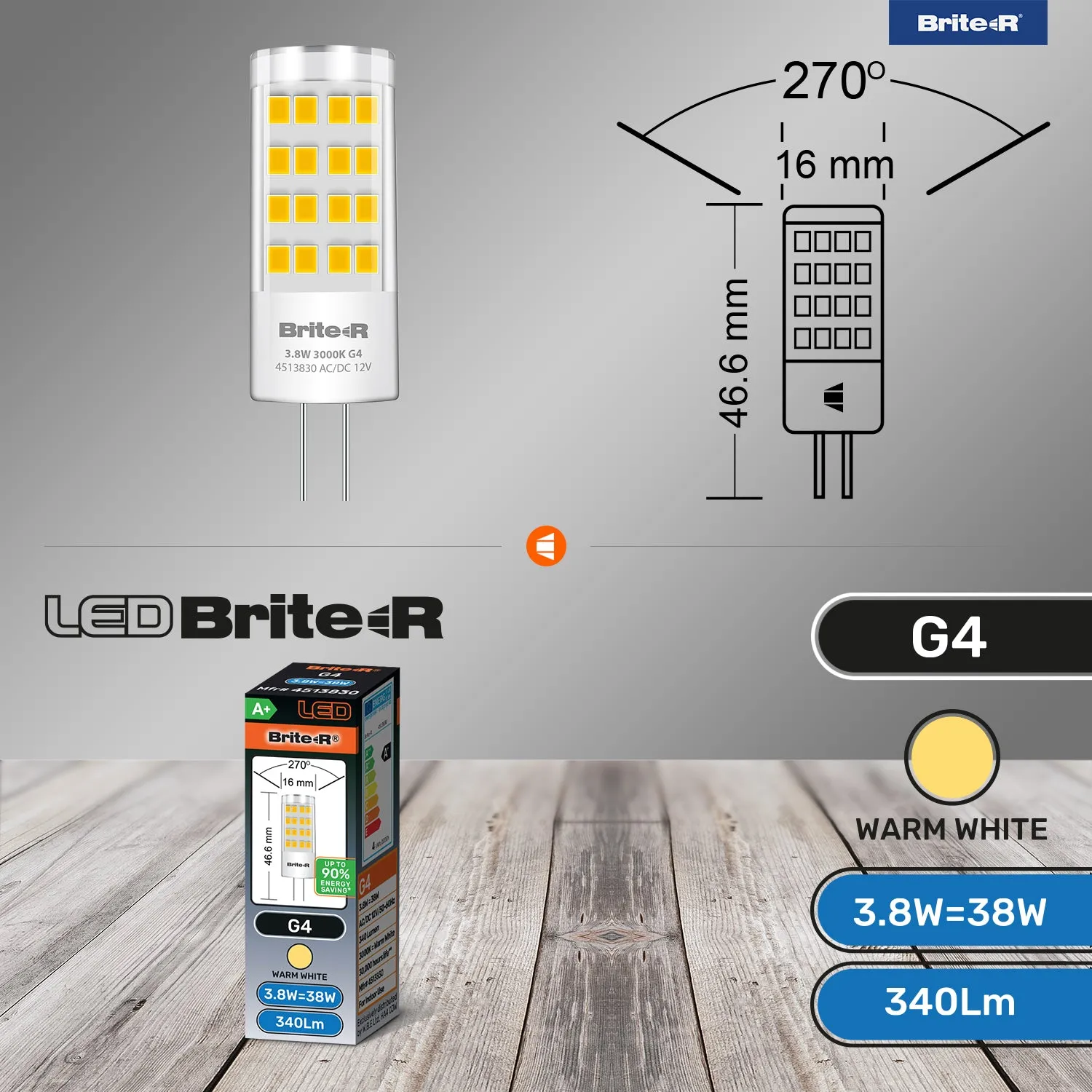 Brite-R 3.8W G4 LED Bulb Warm White 3000K