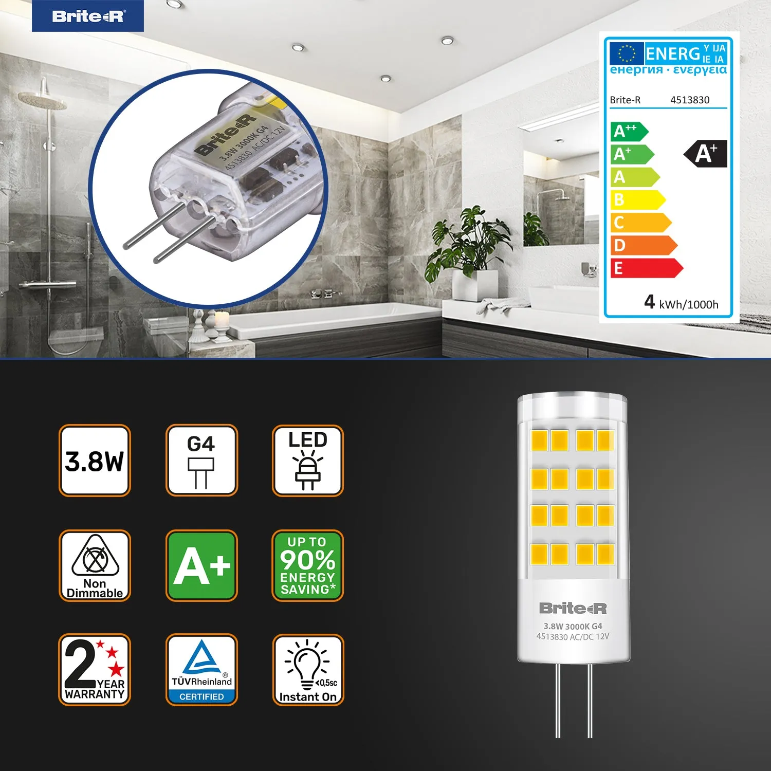 Brite-R 3.8W G4 LED Bulb Warm White 3000K