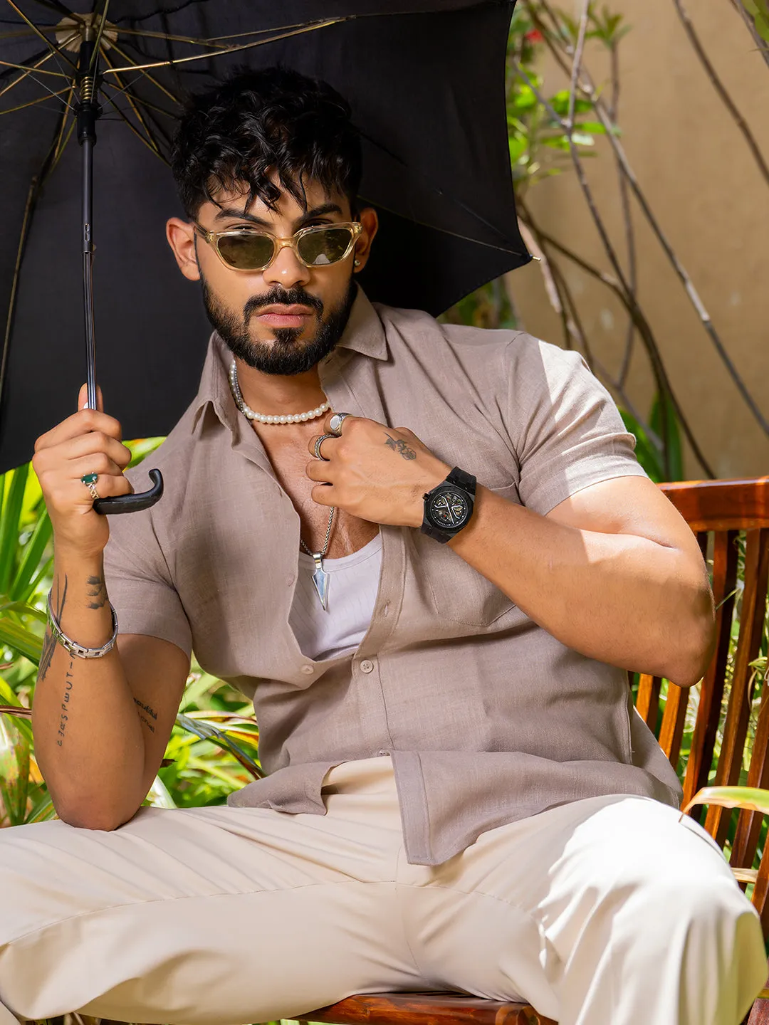 Burnt Sugar Linen Half Sleeve Solid Shirt