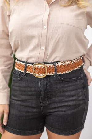 Camel Crochet Trimmed Woven Leather Belt