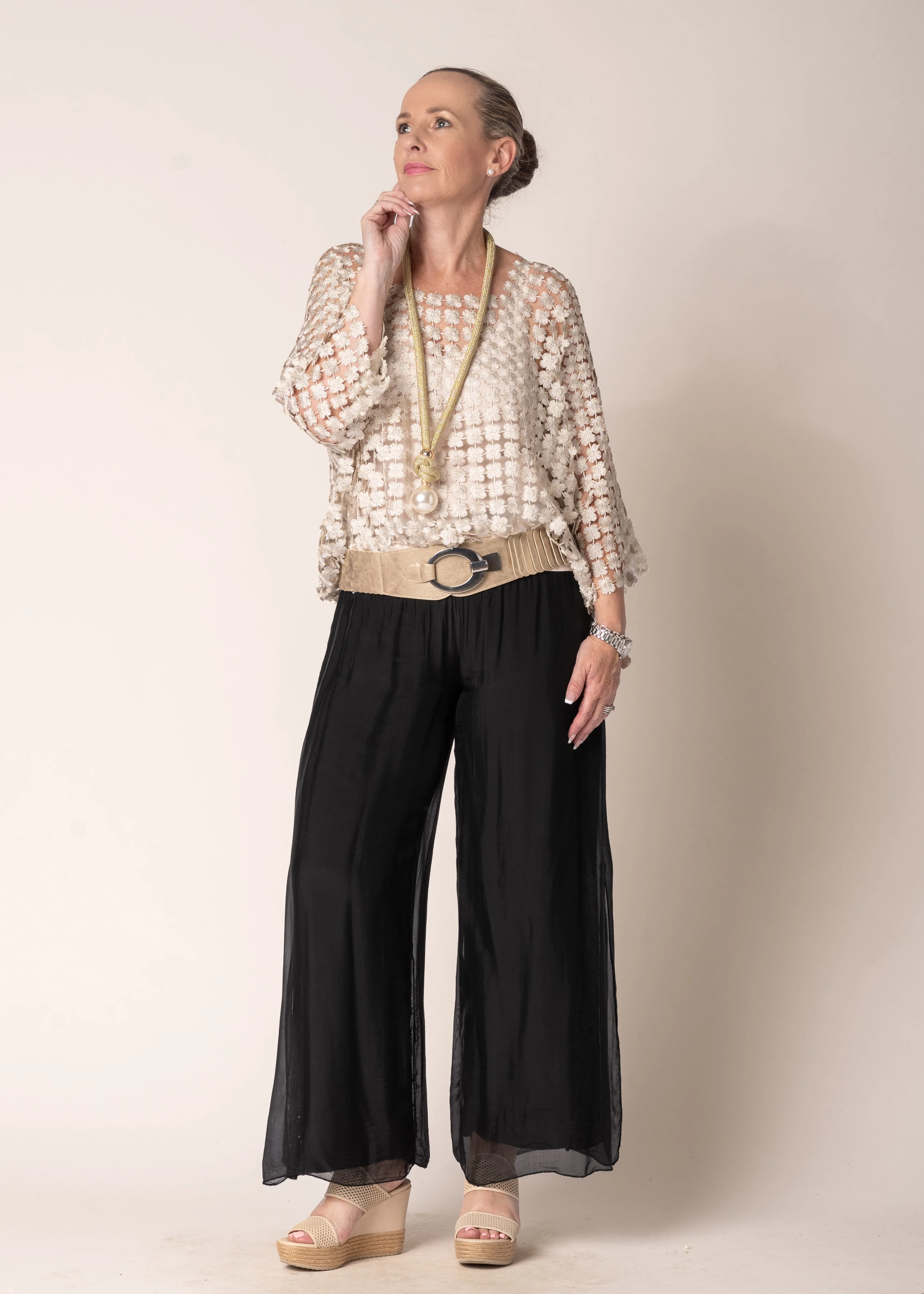 Carera Woven Metallic Top in Latte