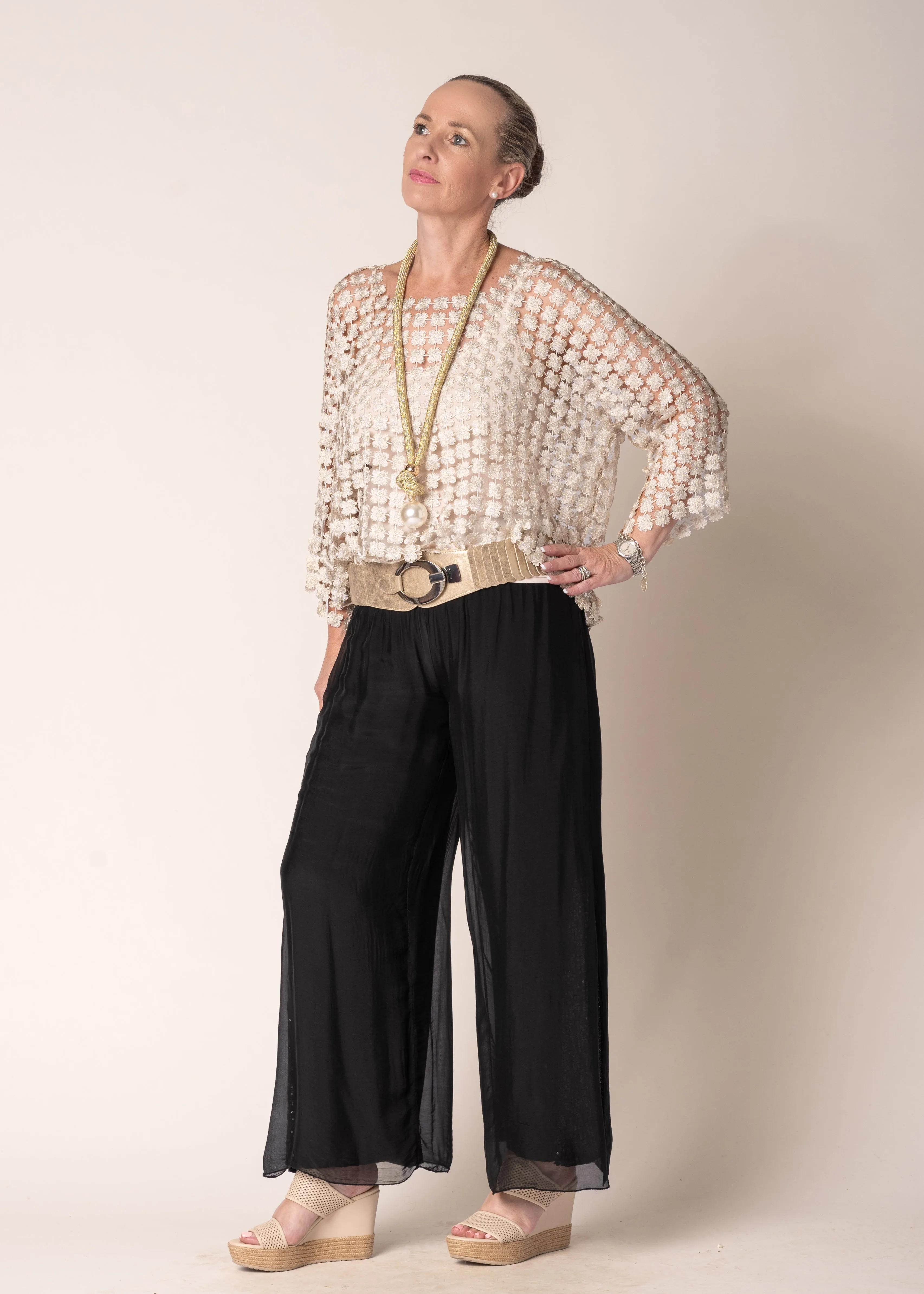 Carera Woven Metallic Top in Latte