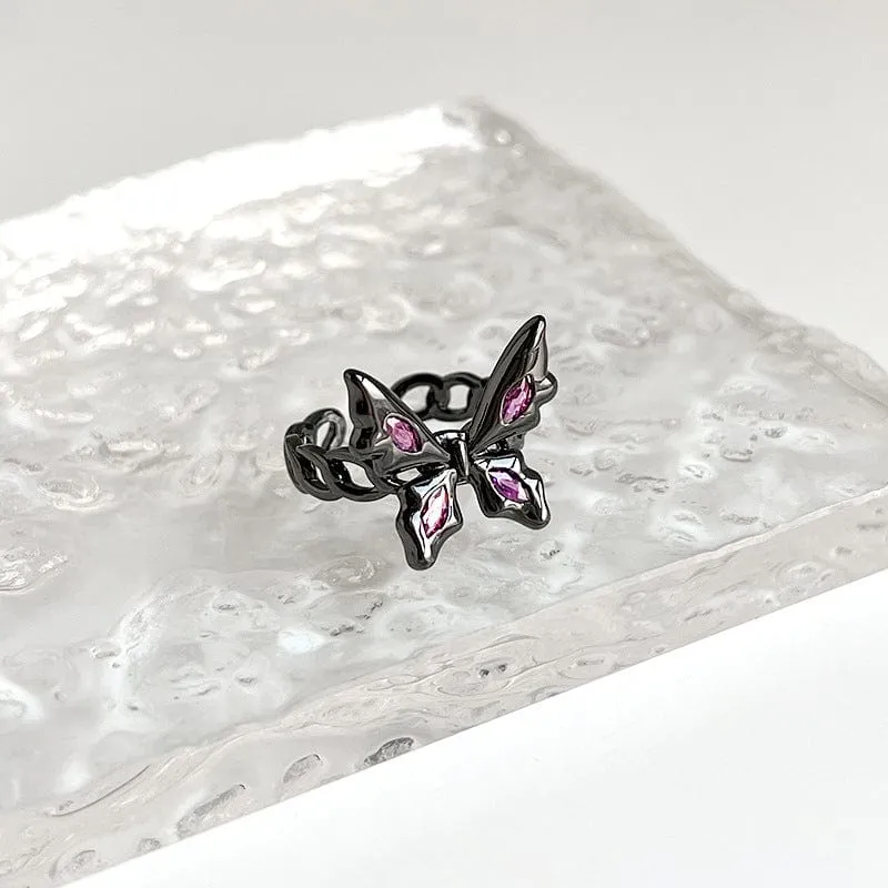 Chic CZ Inlaid Black Butterfly Ring