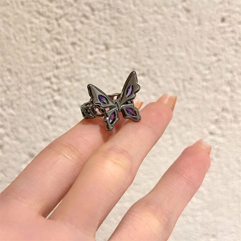 Chic CZ Inlaid Black Butterfly Ring