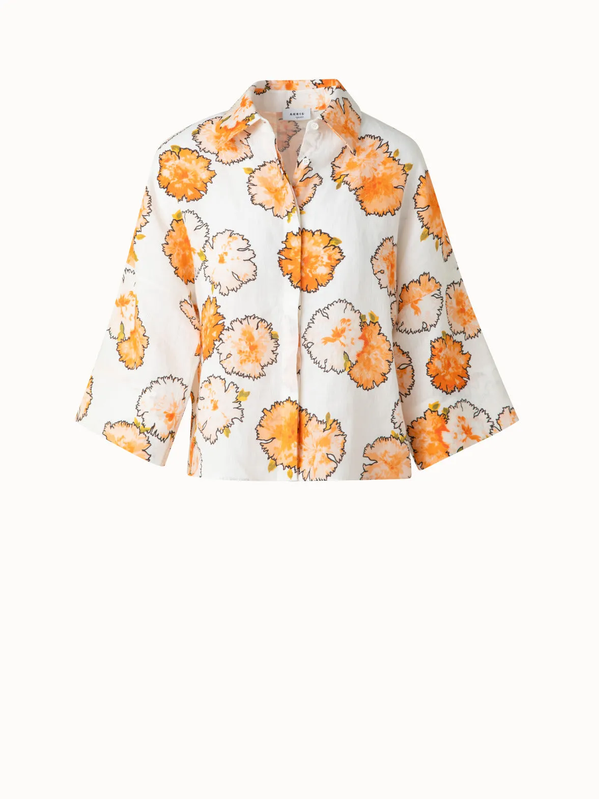 Cropped Linen Kimono Blouse in Carnation Print