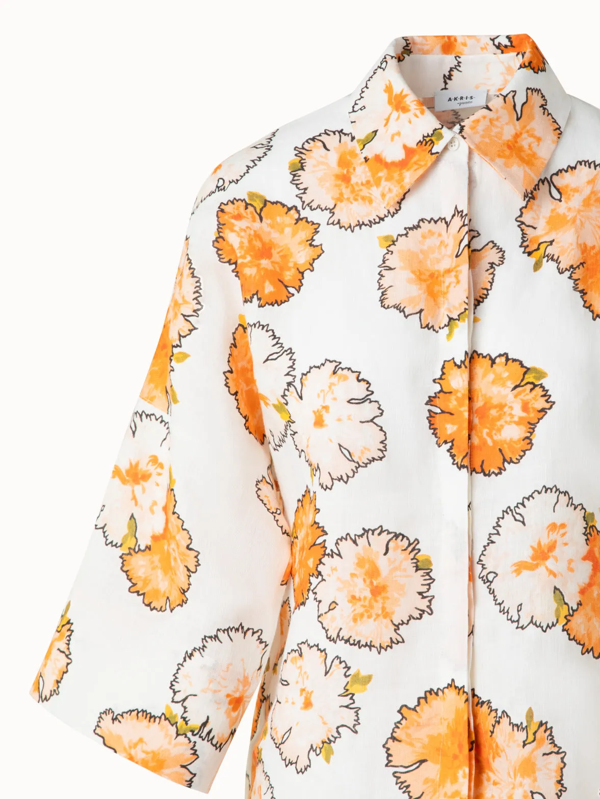 Cropped Linen Kimono Blouse in Carnation Print