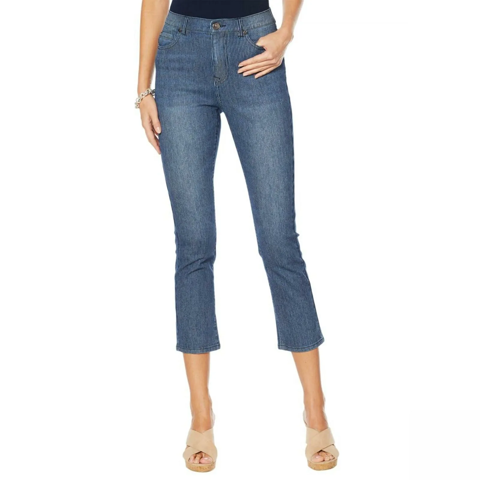 DG2 by Diane Gilman Women's Plus Size Classic Stretch Pinstripe Crop Jeans