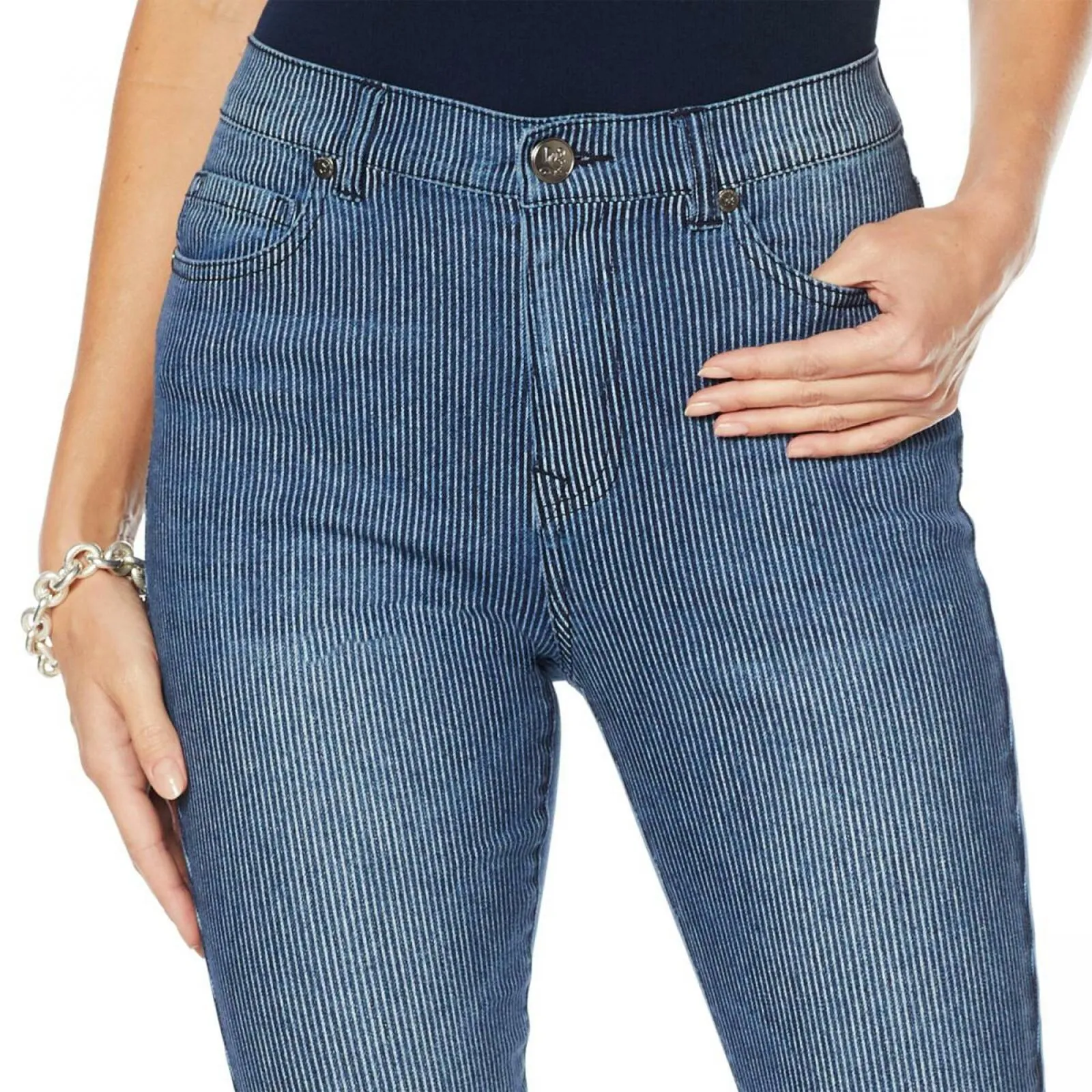 DG2 by Diane Gilman Women's Plus Size Classic Stretch Pinstripe Crop Jeans