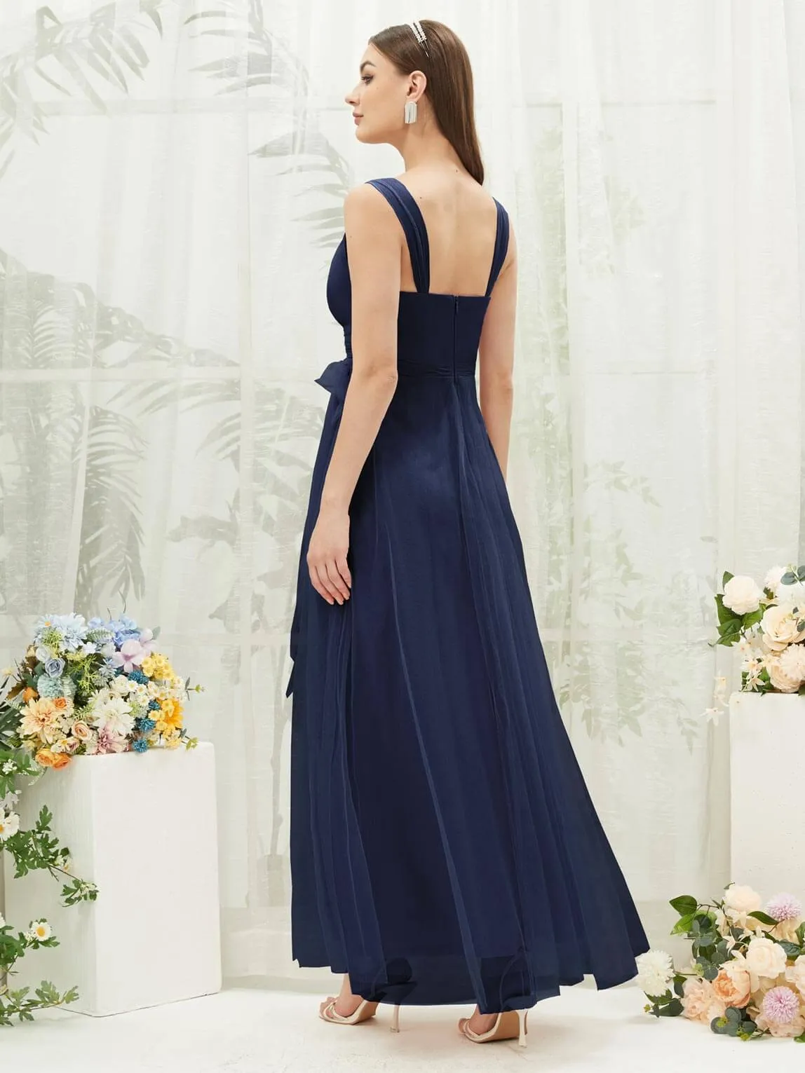 [Final Sale] Navy Blue Sleeveless V-Neck Tulle Maxi Bridesmaid Dress Evening Gown