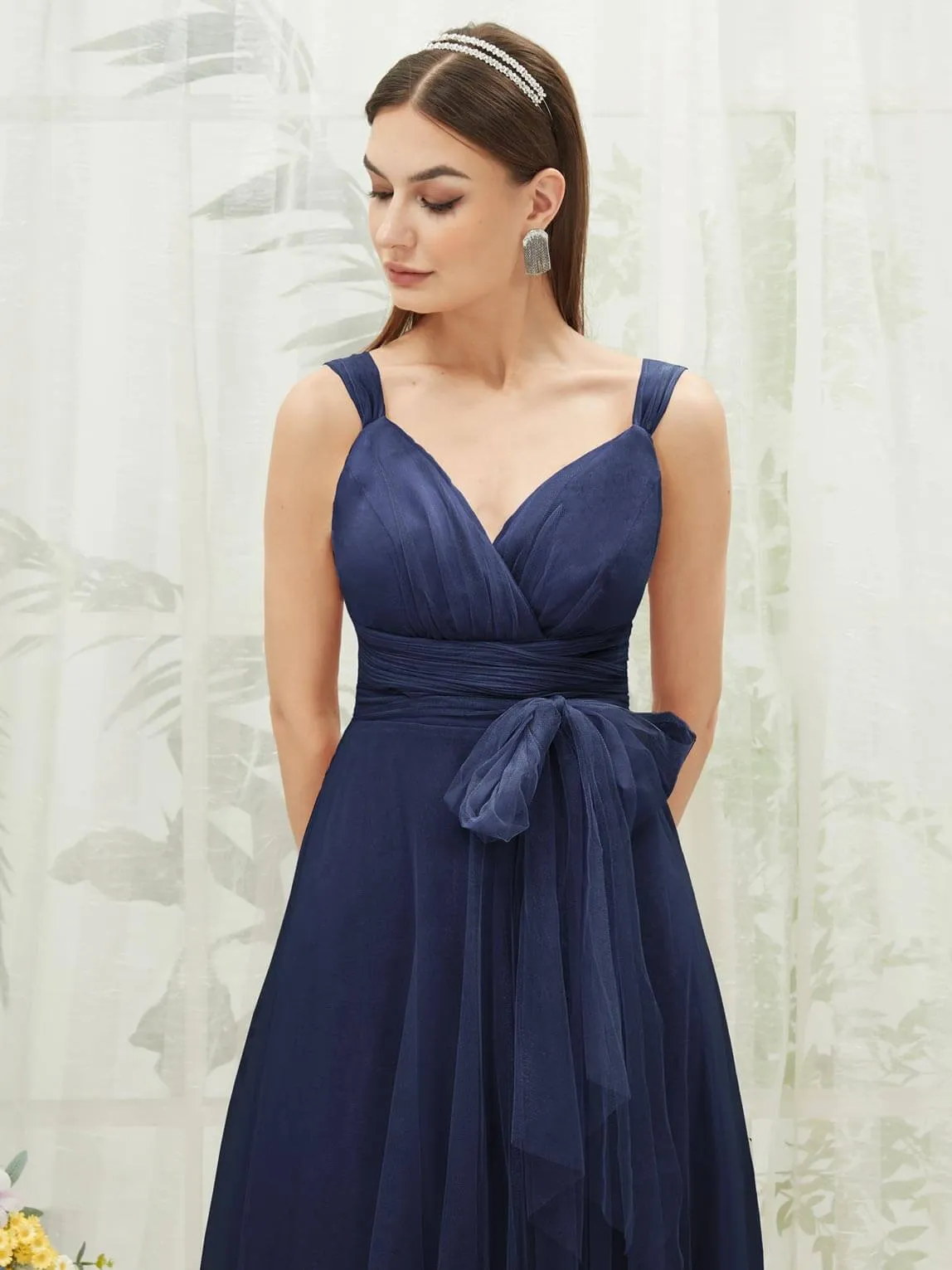 [Final Sale] Navy Blue Sleeveless V-Neck Tulle Maxi Bridesmaid Dress Evening Gown