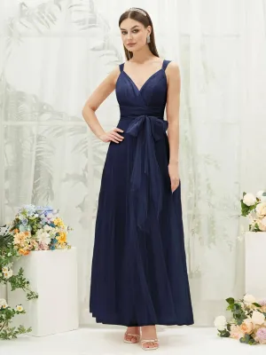 [Final Sale] Navy Blue Sleeveless V-Neck Tulle Maxi Bridesmaid Dress Evening Gown