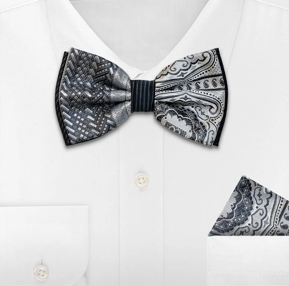 GREY WOVEN BOW TIE & HANKIE SET