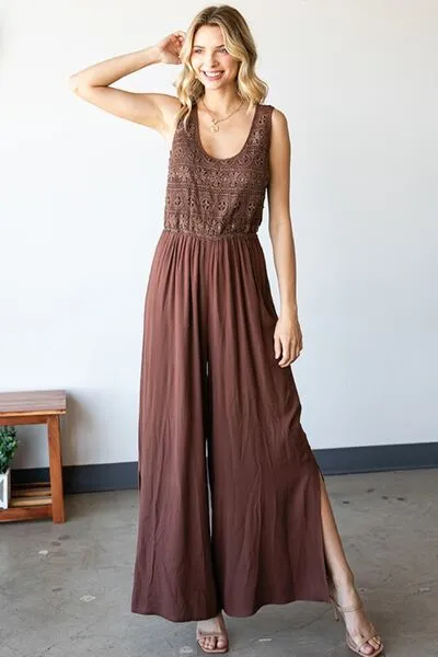 Hazel Blues® |  First Love Tie Back Sleeveless Slit Wide Leg Jumpsuit