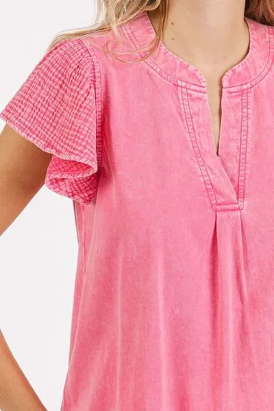 Hazel Blues® |  Mittoshop Mix Media Ruffle Short Sleeve Mineral Wash Top