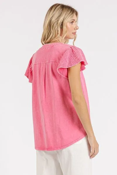 Hazel Blues® |  Mittoshop Mix Media Ruffle Short Sleeve Mineral Wash Top