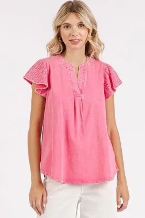 Hazel Blues® |  Mittoshop Mix Media Ruffle Short Sleeve Mineral Wash Top