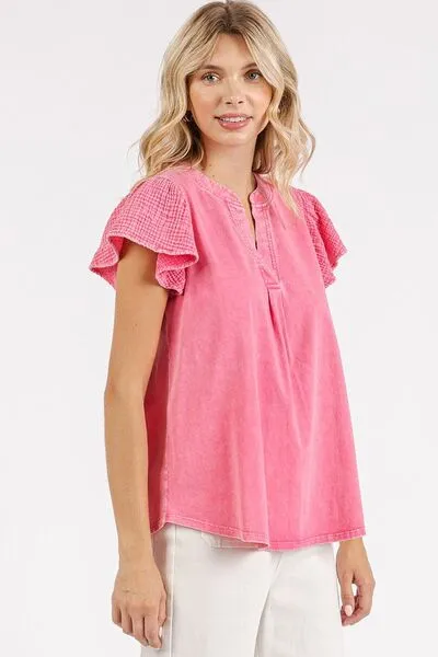 Hazel Blues® |  Mittoshop Mix Media Ruffle Short Sleeve Mineral Wash Top