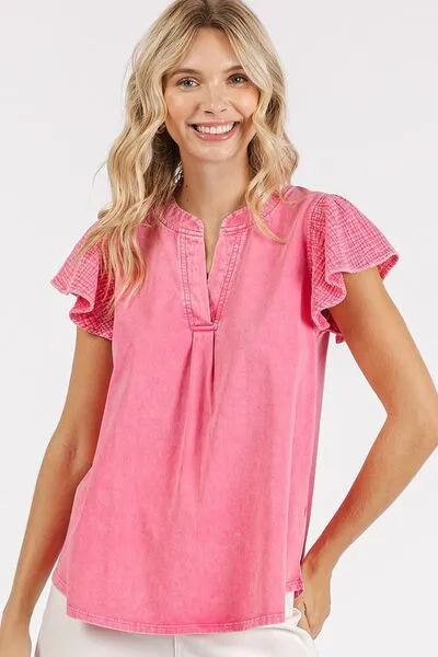Hazel Blues® |  Mittoshop Mix Media Ruffle Short Sleeve Mineral Wash Top