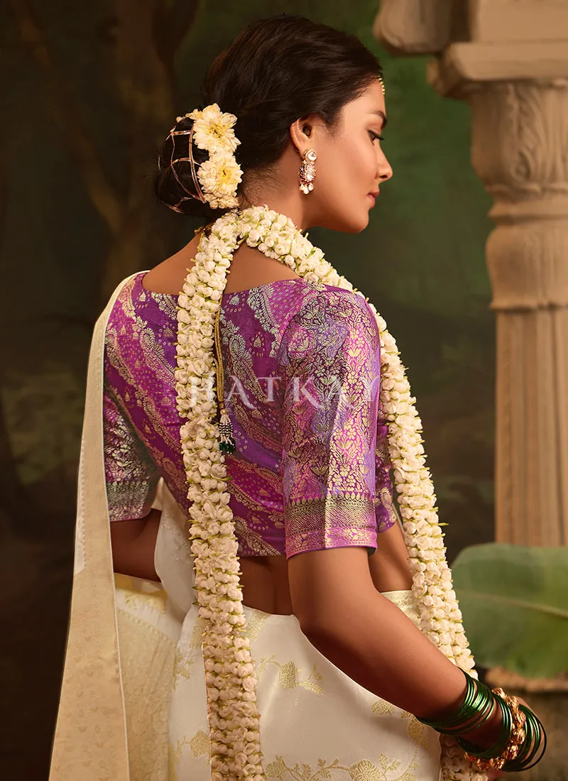 Ivory And Purple Traditional Saree