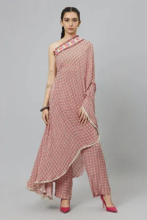 IVORY GEOMETRIC PRINT ONE SHOULDER SAREE WITH PANTS