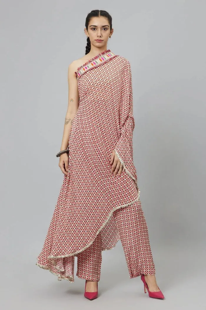 IVORY GEOMETRIC PRINT ONE SHOULDER SAREE WITH PANTS