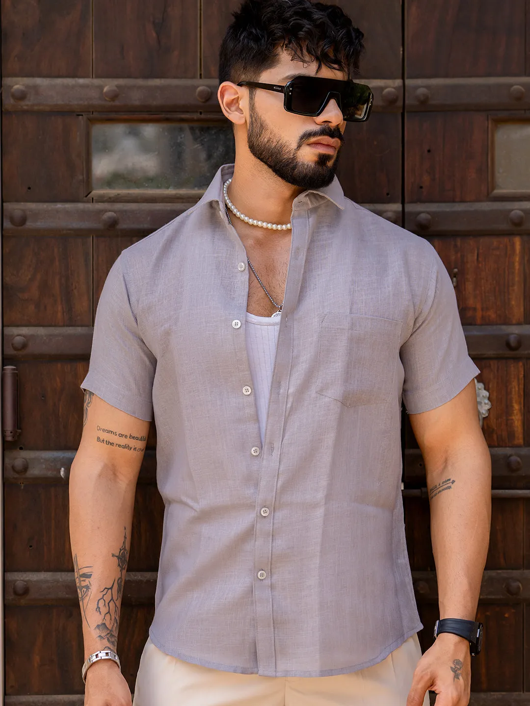 Latte Brown Linen Half Sleeve Solid Shirt