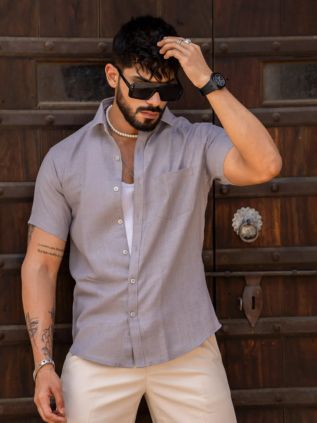 Latte Brown Linen Half Sleeve Solid Shirt