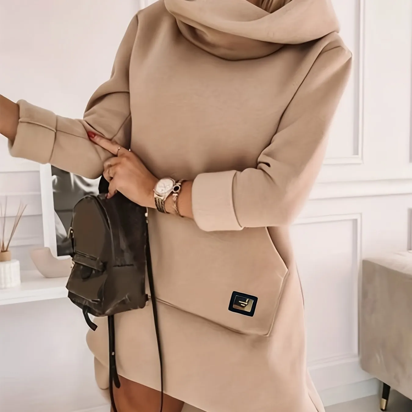 Laura - Stilvolles und Lässiges Herbst Hellbraun Sweatshirtkleid mit Kapuze für Damen