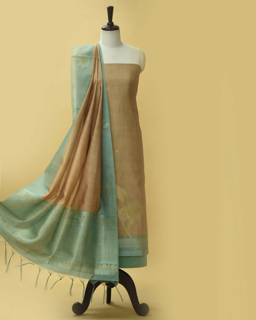 Light Gold Chanderi Blend Woven Unstitched Suit Fabric Set With Chanderi Blend Woven Dupatta