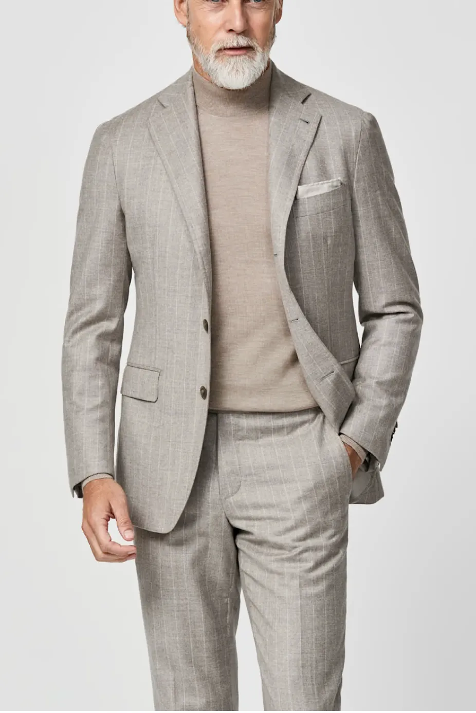 Loro Piana Favola Taupe Merino Wool & Cashmere with Chalk Stripe