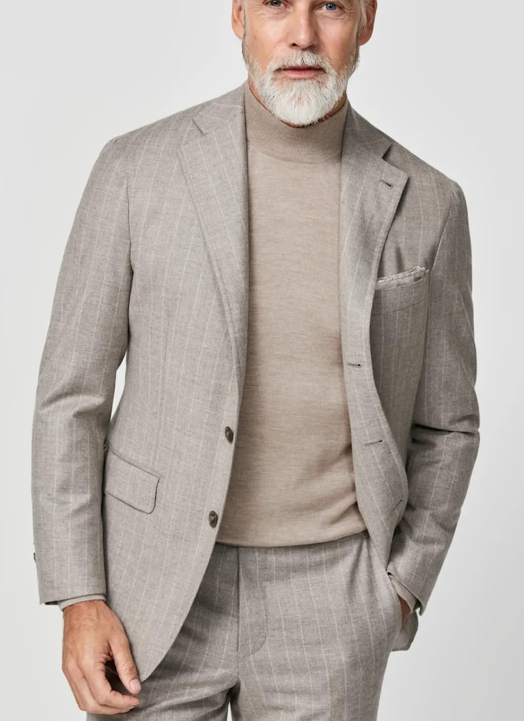 Loro Piana Favola Taupe Merino Wool & Cashmere with Chalk Stripe
