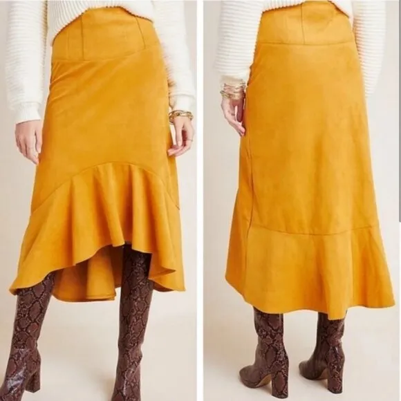Maeve by Anthropologie Cosima Flounced High Low Skirt Brushed Faux Suede Sz 0