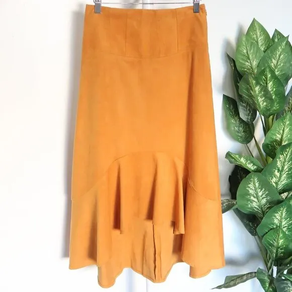 Maeve by Anthropologie Cosima Flounced High Low Skirt Brushed Faux Suede Sz 0