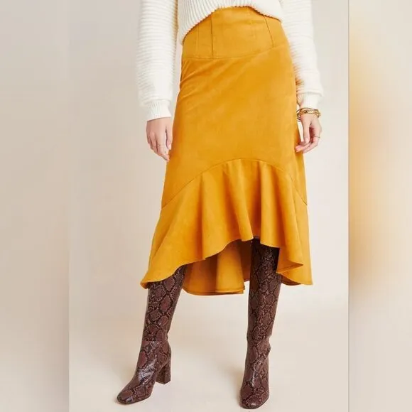 Maeve by Anthropologie Cosima Flounced High Low Skirt Brushed Faux Suede Sz 0