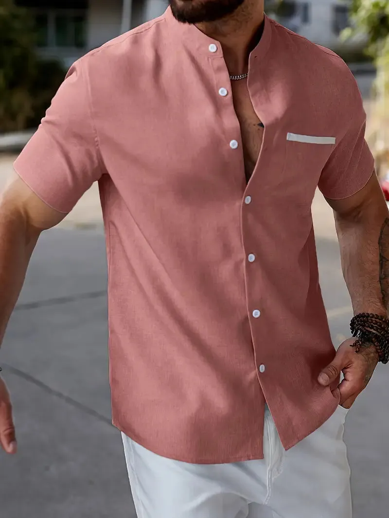 Men’s Band Collar Shirt – Short Sleeve – Button-Down – Lightweight Cotton Blend – Smart Casual Fit