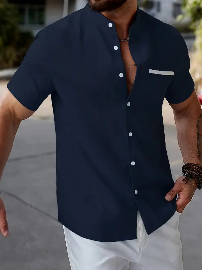 Men’s Band Collar Shirt – Short Sleeve – Button-Down – Lightweight Cotton Blend – Smart Casual Fit