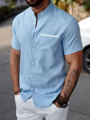 Men’s Band Collar Shirt – Short Sleeve – Button-Down – Lightweight Cotton Blend – Smart Casual Fit
