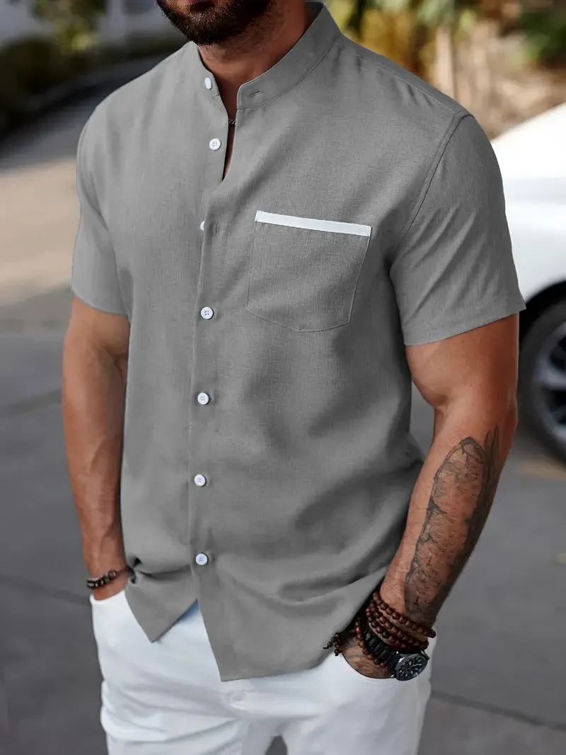 Men’s Band Collar Shirt – Short Sleeve – Button-Down – Lightweight Cotton Blend – Smart Casual Fit