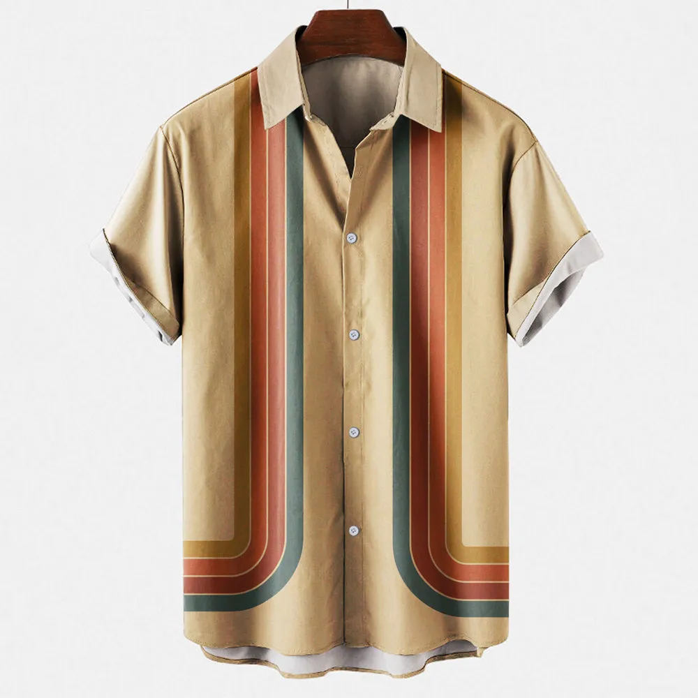 Men’s Striped Short Sleeve Shirt – Button-Up – Retro Print – Lightweight Cotton – Summer Statement